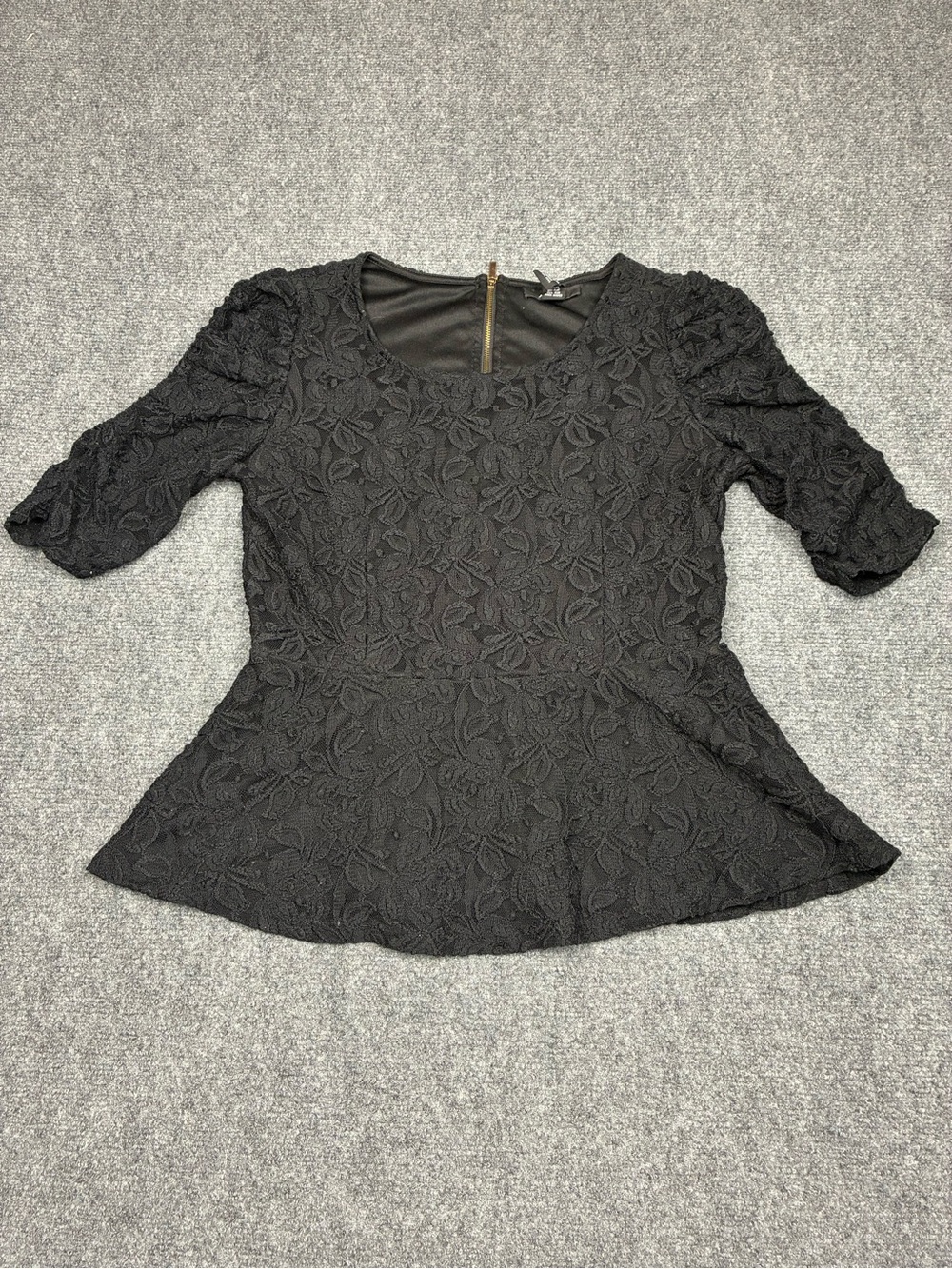 Alfani Black Lace Peplum Top with Gold Zip